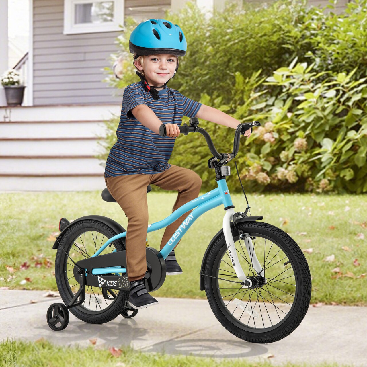 Blue Kids Bicycle with Hand and Coaster Brakes and Anti-Slip Handlebars Training Wheels Included